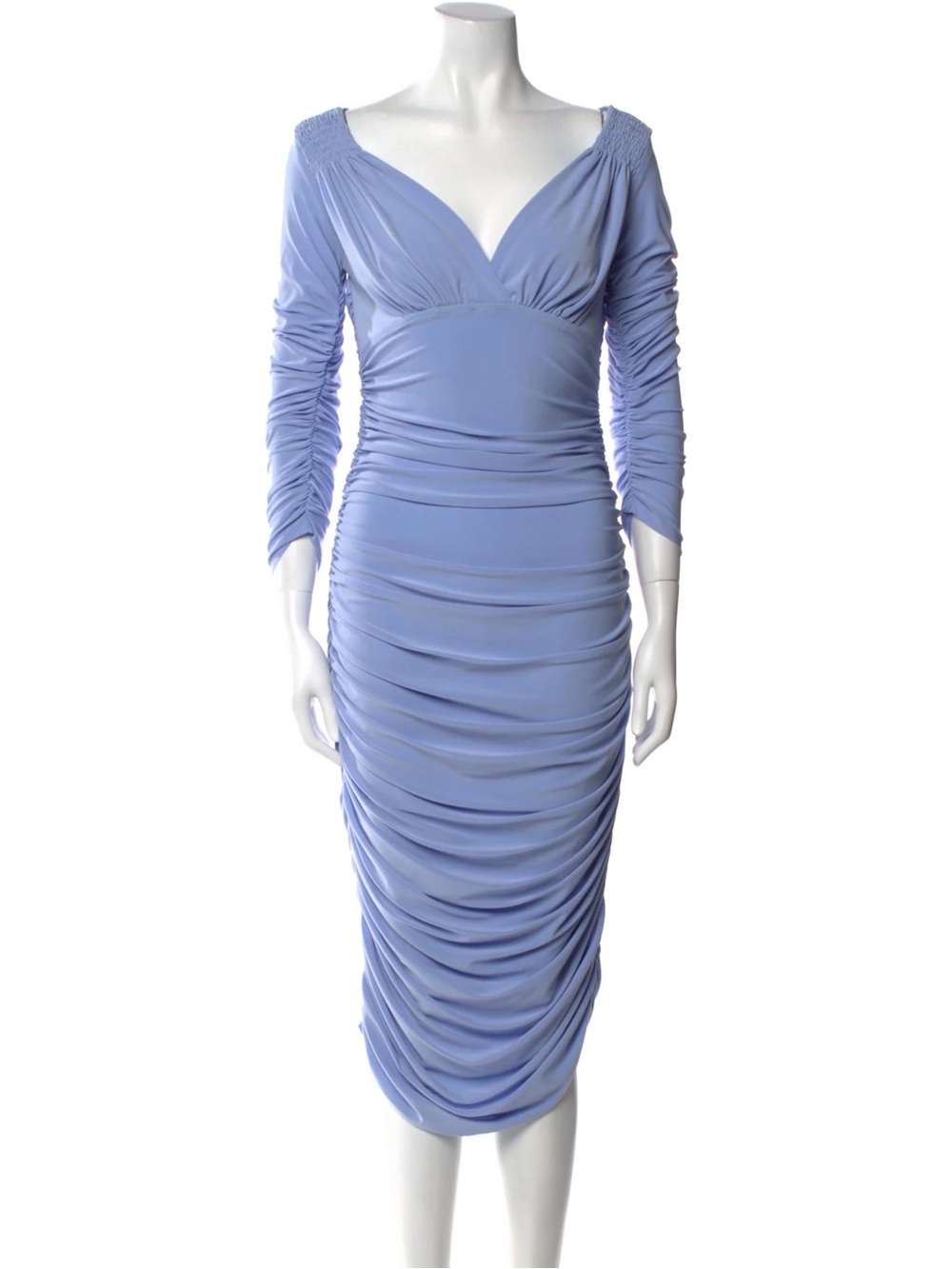 Norma Kamali "Tara" Powder Blue Ruched Midi Dress Sz M/38 Excellent Condition